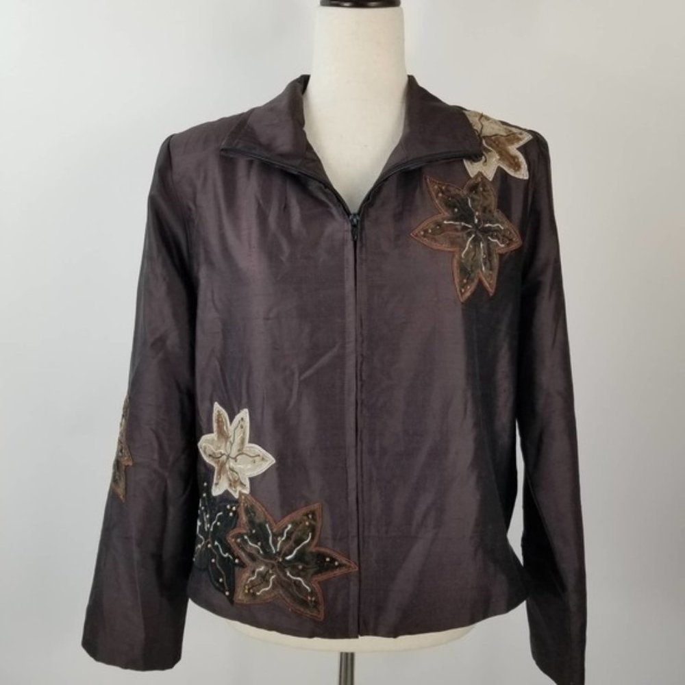 Anage Brown Cream Floral Embellished Silk Vintage Zip Up Lined Jacket Medium